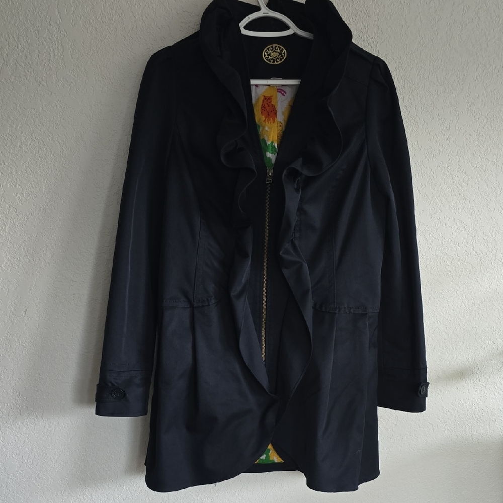Ruffled Black Trench Coat with Zip Front